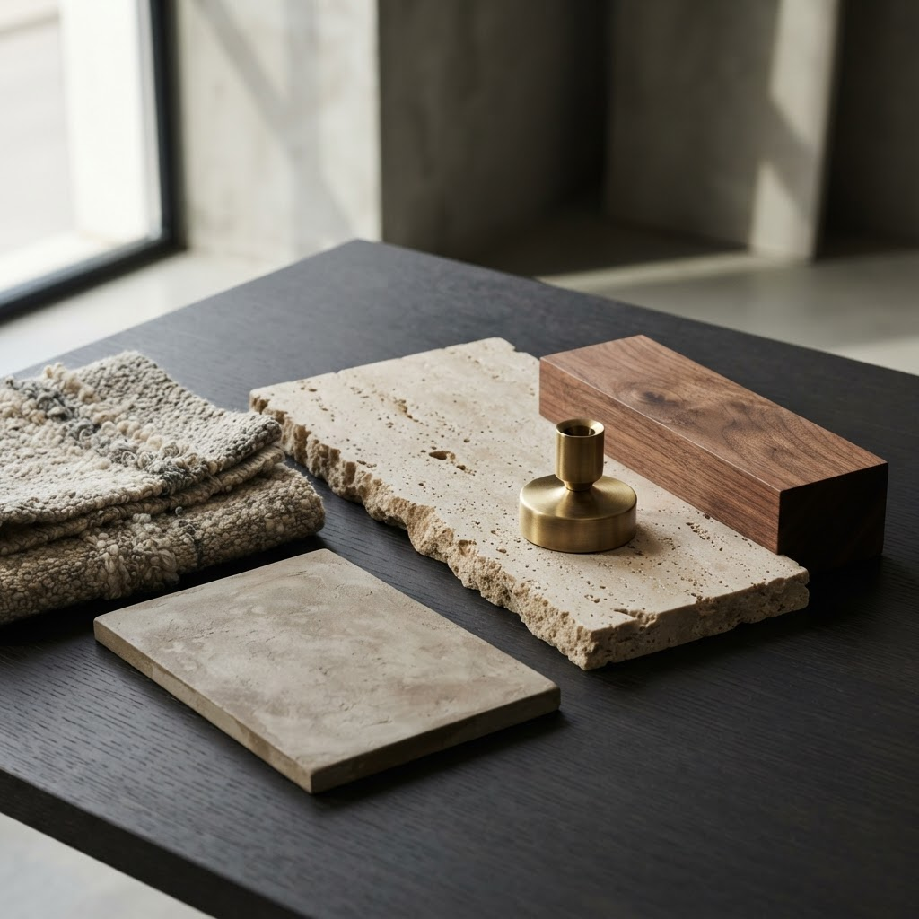 Curated stone, wood, and brass materials